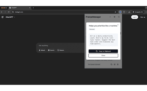 Prompt Manager :: ChatGPT Prompt Manager: Save, tag & reuse AI prompts from any site. Right-click to add, organize by category.