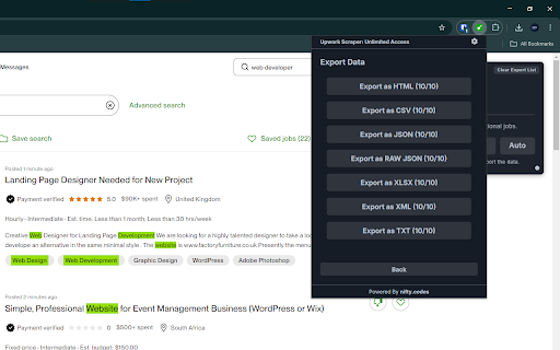Upwork Scraper: Export Jobs, Freelancers, Reviews & more :: Scrape Jobs, Projects, History, and more from Upwork, with options to export in formats such as CSV, Excel, JSON and others