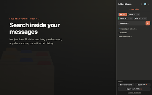 Folders, Search & Export for Claude :: Organize claude.ai chats into folders, search your history, and export to Markdown or PDF. 100% local & private.
