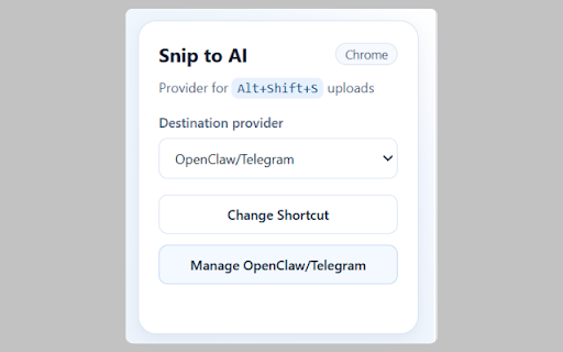 Snip to AI :: Capture a selected area, copy it, and send it to your selected destination.