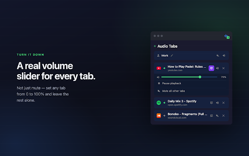 Audio Tab Finder – Find, Mute & Close Noisy Tabs :: Instantly find which tab is playing sound. Jump to it, mute it, or close it in one click. No more hunting for noisy tabs.