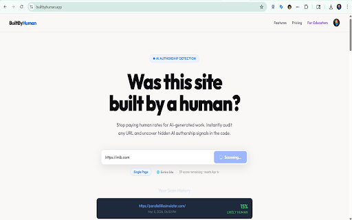 BuiltByHuman — AI Authorship Detector :: Instantly scan any website to detect AI-generated code. One click to get a full authorship report.