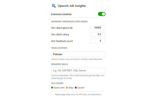 Upwork Job Insights :: Surfaces hidden client and job data on Upwork job search pages as color-coded inline badges.