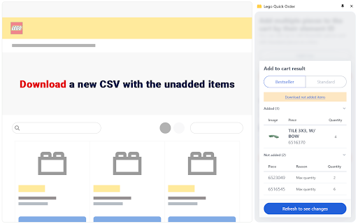 Lego Quick Order :: Instantly add pieces to your LEGO cart by entering IDs and quantities, or upload a CSV and save time when shopping.