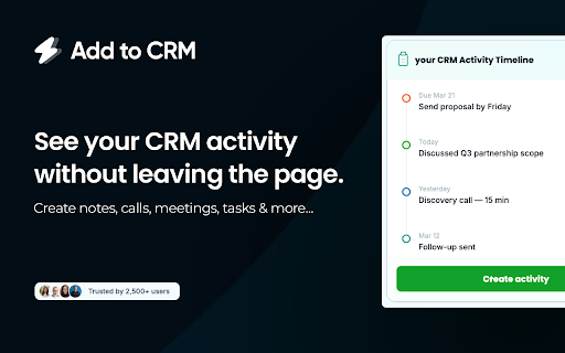 Add to CRM for Salesflare: Free B2B Prospecting Integration :: Find verified emails & phone numbers for any prospect. Add them to Salesflare with 1-click. 220M+ contacts.