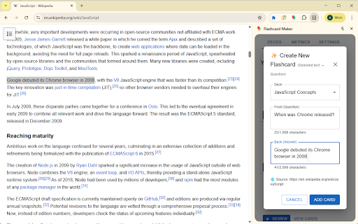 Flashcard Maker :: Meet Flashcard Maker for Chrome. Capture highlights, turn them into flash cards, and remember more with spaced repetition.