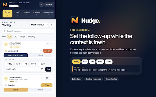 Nudge :: A private, local follow-up desk for LinkedIn Messaging in Chrome's side panel.