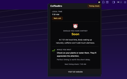 CoffeeBro - Perfect Coffee Timing :: Know the perfect time to drink coffee based on circadian science. Get recommendations for optimal caffeine timing.