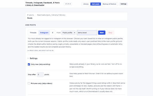 Threads, Instagram, Facebook, X Posts Library & Downloader :: Save Threads, Instagram, Facebook and X posts. Search offline, back up your library, and download media, including Patreon.