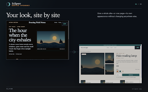 Eclipser — Dark Mode & Night Theme with Photo and Video Dimming :: Dims photos and video up to 80%, not just text. Dark mode, softened or original per site; text size 75-200%, saved per site.