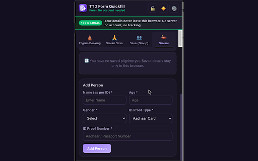 TTD Auto Fill – Form Quickfill :: TTD form fill for saved pilgrim details. One click fills, continues and opens payment on supported booking pages.