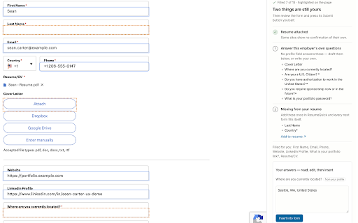 ResumeQuick :: See how your resume fits any job, then fill the application form with your own details, right in the side panel.