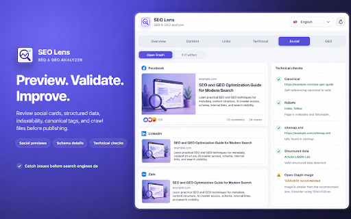 SEO Lens: On-Page SEO, GEO & AI Crawler Checker :: Local SEO, GEO, broken-link and pixel audit for metadata, content, schema, social previews and AI crawlers. No data upload.