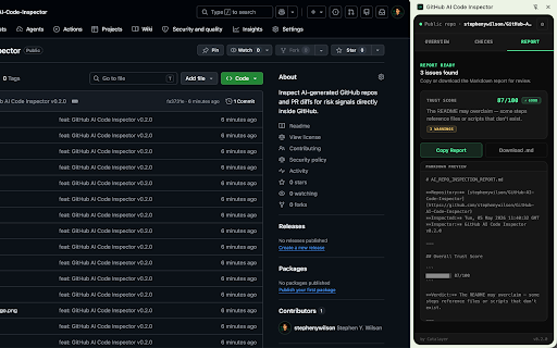 GitHub AI Code Inspector :: Chrome side panel for inspecting AI-generated GitHub repos, PRs, and files. Workflow, Unicode, command, package, MCP risk.