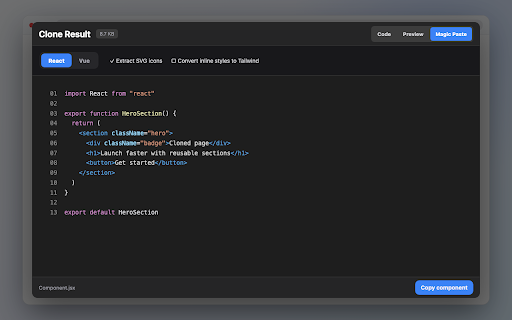 CloneWebsite - Pixel Perfect Page Cloner :: Clone webpages pixel-perfect. Extract HTML, CSS, images, fonts & JS to ZIP. Convert clones to React/Vue with Magic Paste.