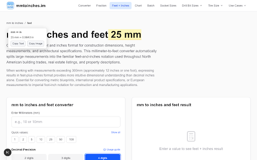 MM↔IN Converter :: Convert millimeters and inches quickly via popup and context menu.