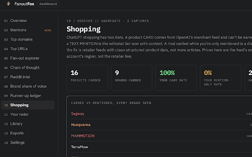 FanoutFox: AI Answer & GEO Inspector :: See how ChatGPT and Perplexity pick and cite sources: fan-out, citations, brand mentions, trust notes. Reads only your own session.