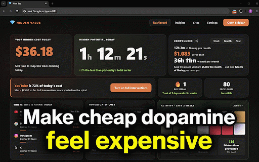 Hidden Value — Make Cheap Dopamine Feel Expensive :: See what distracting sites actually cost you — in money, time, and goals you'll never hit.