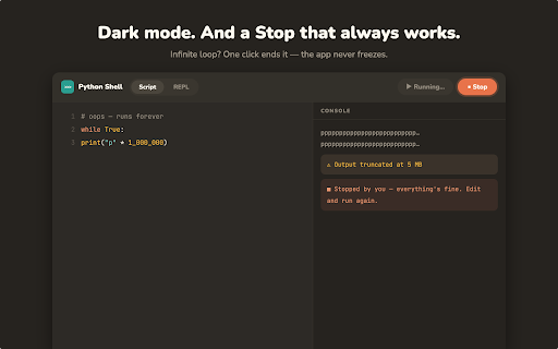 Python Shell — Run & Learn Python: Compiler & IDE :: Python compiler, IDE and interpreter in your browser. Learn Python by running it — offline, with numpy, pandas and turtle.