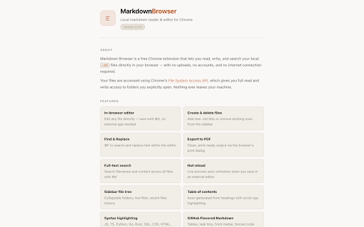 Markdown Browser :: Read, write, and search local markdown files. Inline editing, wiki-links, callout blocks, full-text search — 100% offline & private.