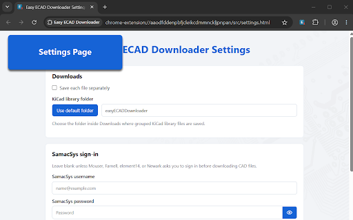 Easy ECAD Downloader :: Export KiCad symbol, footprint, and 3D model files from EasyEDA and supported SamacSys distributor product pages.