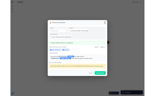 Anonym.Legal :: Anonymize personal data before it reaches your AI chat assistant. Encrypt PII, auto-decrypt responses. Privacy by design.