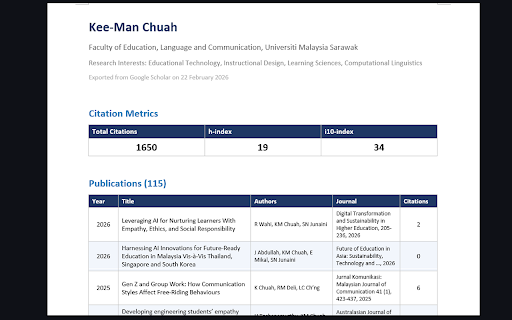 Scholar Profile Exporter :: Scholar Profile Exporter — Export Google Scholar profiles to DOCX or CSV. By Chuah Kee Man.