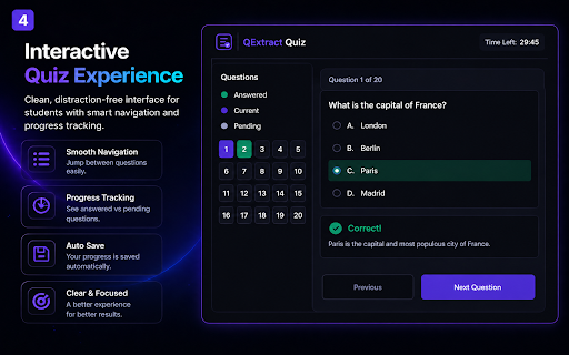 QExtract – PDF, DOCX to Quiz Generator :: Convert PDF, DOCX, and TXT question papers into interactive quizzes. Extract multiple question types and generate tests offline.