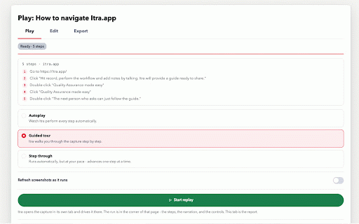Itra :: Capture browser actions and narrate as you go. Itra turns them into guides, tutorials, or bug reports to edit and share.
