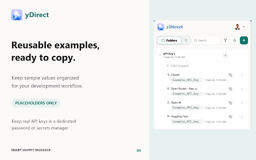 yDirect - Snippet Manager: Save, Search & Copy Reusable Text :: Save prompts, templates, bios and code snippets. Search and copy from Chrome's side panel without leaving your tab.