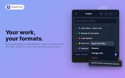 Claude Folders: Organize, Search & Export for Claude.ai :: Folders, content search, fork, and bulk Markdown export for Claude.ai. Organize every conversation. Find any answer in seconds.