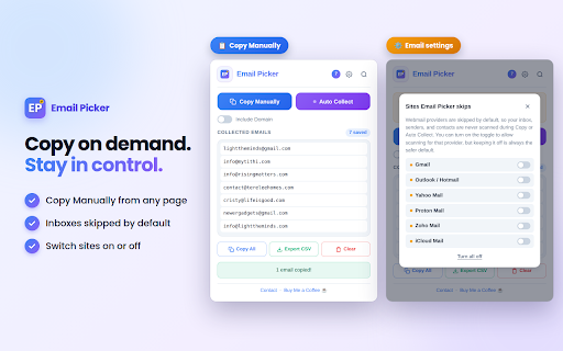 Email Picker :: Extract and collect email addresses from webpages instantly. Skips your own inbox automatically. Free and autosaving.