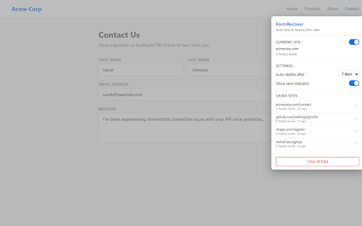FormRecover :: Auto-save form data and recover it after crashes or accidental tab closures.