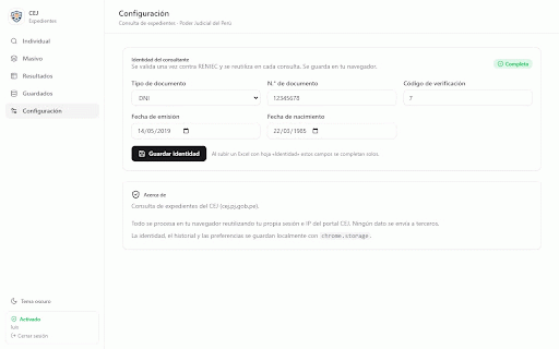 CEJ - Consulta de Expedientes (Poder Judicial) :: Consulta individual y masiva de expedientes en el CEJ (cej.pj.gob.pe) reutilizando tu propia sesión e IP. Interfaz rediseñada.