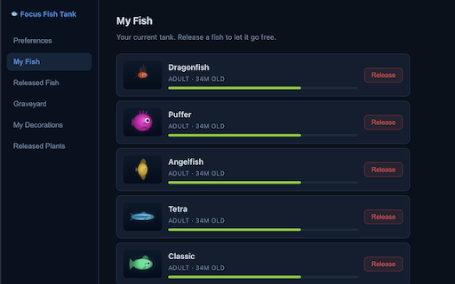 Focus Fish Tank :: Stay focused or your fish will suffer. A virtual fish tank that reacts to your browsing habits.