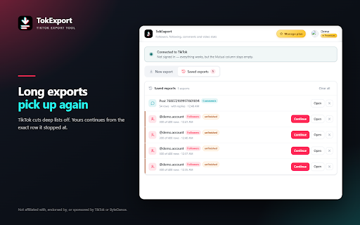 TokExport - TikTok Follower List, Following & Comment Export Tool :: TikTok comment export, follower list and following list to CSV, Excel or JSON. Long exports resume where TikTok stopped.