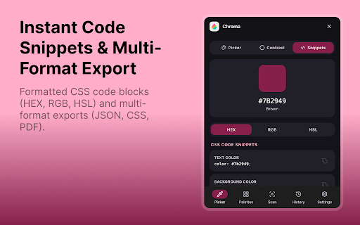 Chroma - Color Picker & Palette Studio :: Fast, beautiful web color picker & studio. Sample hex codes, build palettes, check WCAG contrast, and export CSS code.