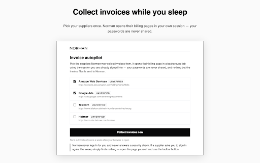 Norman — invoices into bookkeeping :: Save the invoice on any page straight into your Norman bookkeeping, matched to the right bank transaction.
