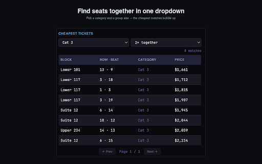 Kickoff — Resale Seat Price Tracker :: Track every resale seat and price as you browse the official FIFA World Cup 2026 ticket site. Built for fans, not flippers.