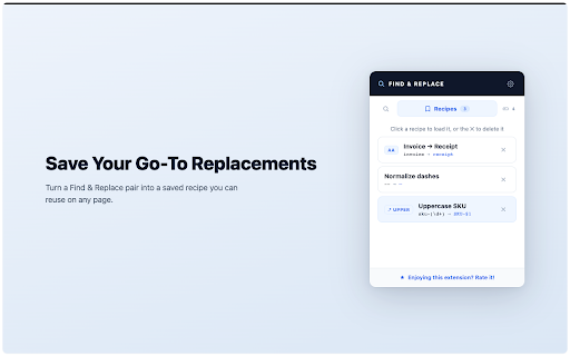 Find & Replace :: Find and replace text in any input, rich text editor, or JSON field on any page. Regex, match counter, history, and shortcuts.