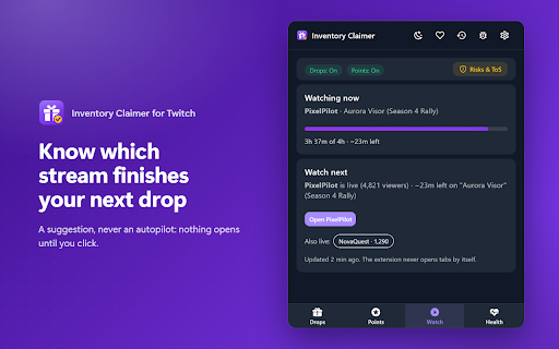 Inventory Claimer for Twitch :: Automatically claims Twitch Drops and channel point bonuses once you have earned them, with a dashboard for progress and points.
