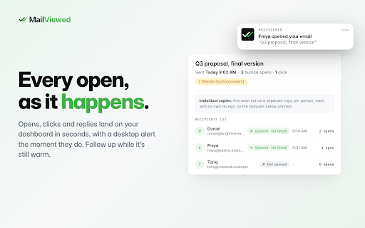 MailViewed - Free Email Tracker for Gmail :: Unlimited email tracking with real time read receipts. Know the moment your email is opened. No “sent with” branding, ever.