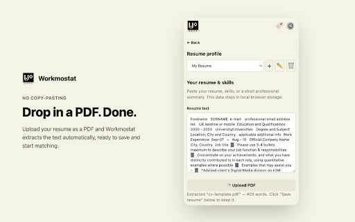 Workmostat :: Compare job postings with your resume for free, locally in your browser.