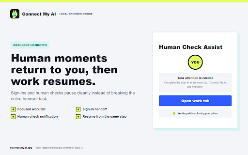 Connect My AI Bridge :: Connect local AI agents to your browser with selectable permissions, signed actions, Panic Stop, and an audit trail.