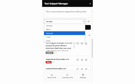 Text Snippet Manager :: Save and manage your favorite text snippets locally. Copy with one click. Organize with custom categories.