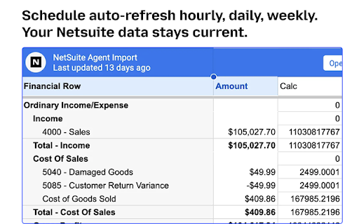 NetSuite Agent for Google Sheets & Excel by Coefficient :: A chrome extension to sync NetSuite Records, Saved Searches, Datasets & SuiteQL to Google Sheets or Excel — one click, auto-refresh.