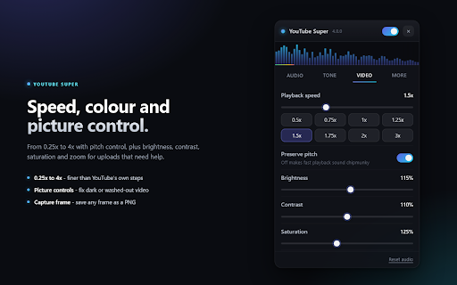 YouTube Super :: Slow down and reverb any song to studio quality. Plus 500% volume boost, 5-band EQ, auto-leveling and custom shortcuts.