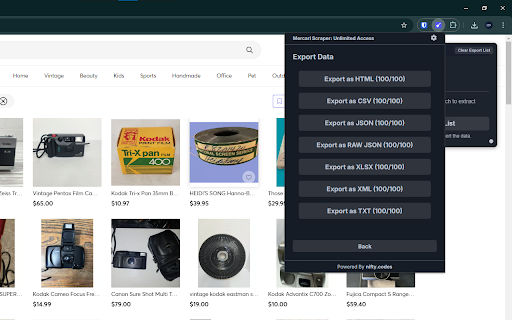 Mercari Scraper: Export Search, Listings, Sellers & more :: Scrape Listings, Details, Reviews, and more from Mercari, with options to export in formats such as CSV, Excel, JSON, and others.