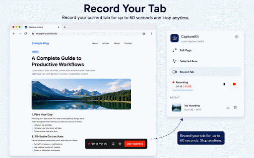 CaptureKit :: Capture full pages, selected areas, and short local tab recordings.
