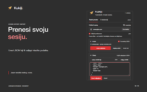 Kukiji - Cookie Export/Import :: Export, import and copy browser cookies as JSON. Filter exports by domain and clear matching cookies. All processing stays local.